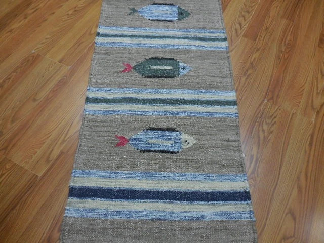 2' x 6' Ft. Fun Colorful Fish Design Turkish Hand Knotted Kilim Wool Rug / Runner - BR3024