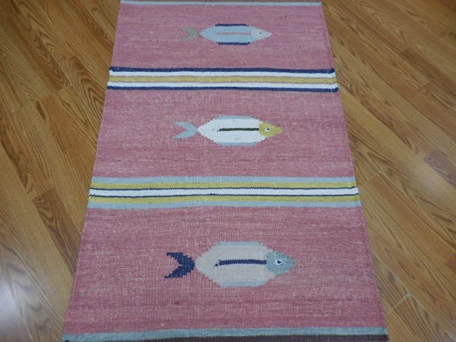 2.7' x 8' Ft. Fun Contemporary Colorful Fish Design Turkish Kilim Hand Knotted Wool Runner / Rug