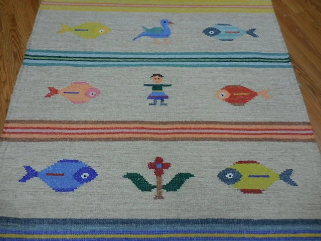 4' x 6' Ft. Fun Colorful Fish & Farm Design Turkish Oushak Kilim Hand Knotted Wool Area Rug – B3058