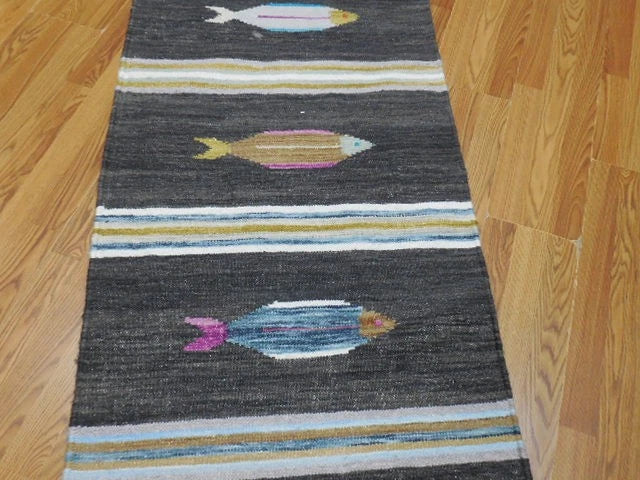 2.7' x 8' Ft. Fun Colorful Fish Design Turkish Kilim Hand Knotted Wool Rug / Runner - BR3006