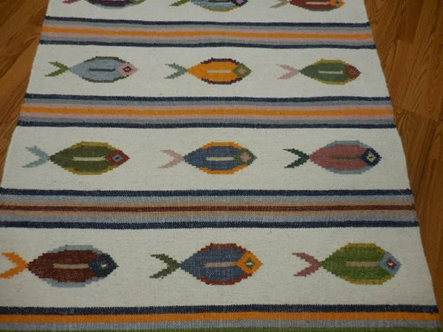 4' x 6' Ft. Fun Colorful Fish Design Turkish Oushak Kilim Hand Knotted Wool Area Rug – BR30266