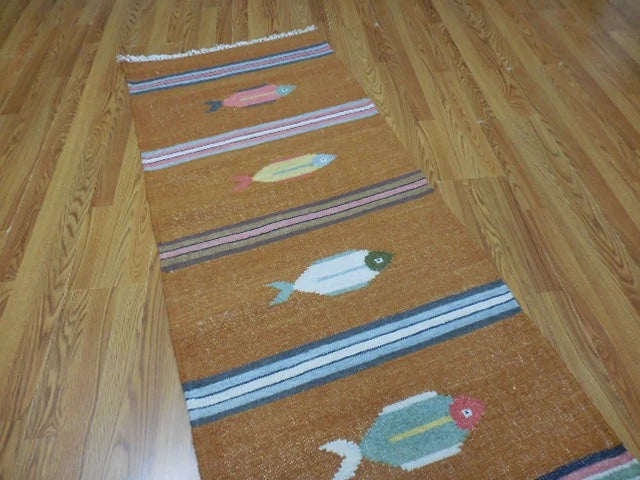 2.6' x 8' Ft. Fun Contemporary Colorful Fish Design Turkish Kilim Hand Knotted Wool Rug / Runner - BR3055