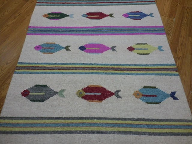 4' x 6' Ft. Fun Colorful Fish Design Turkish Oushak Kilim Hand Knotted Wool Area Rug – BR3049