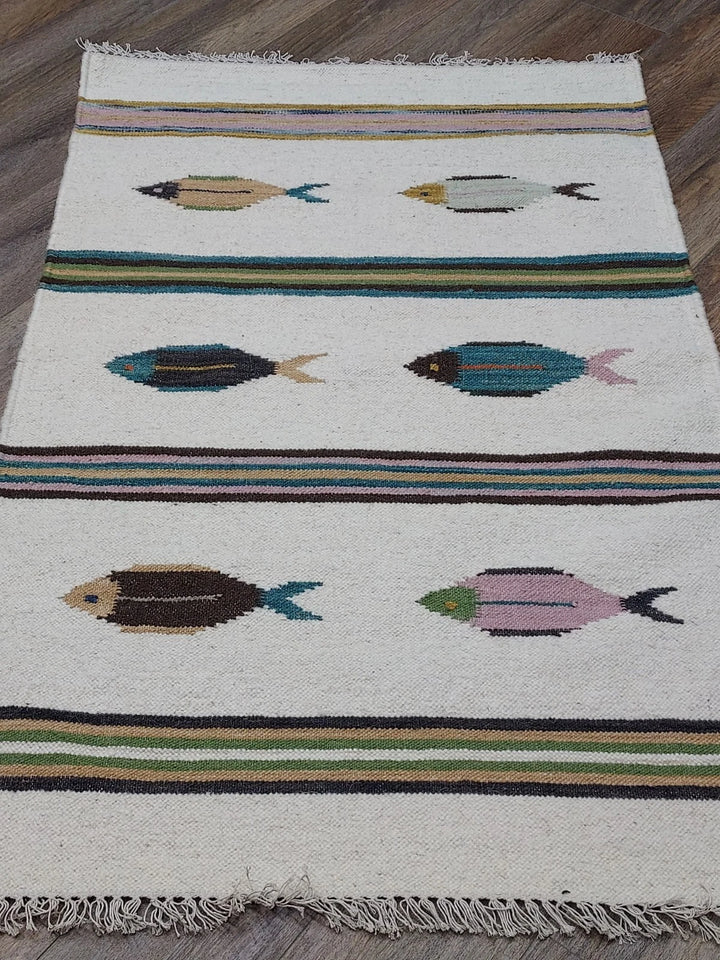 3' x 5' Ft. Fun Colorful Fish Design Turkish Oushak Kilim Hand Knotted Wool Area Rug – BR3028
