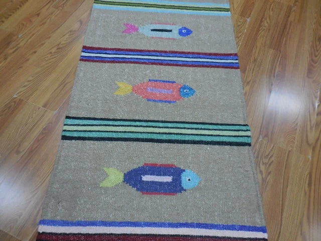 2.6' x 6' Ft. Fun Colorful Fish Design Turkish Hand Knotted Wool Rug / Runner - BR3054