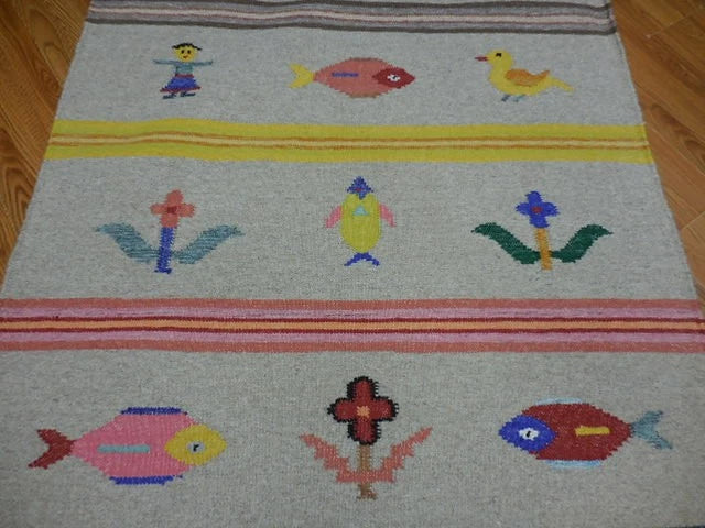 4' x 6' Ft. Fun Colorful Fish / Farm Design Turkish Oushak Hand Knotted Kilim Wool Area Rug - BR3051