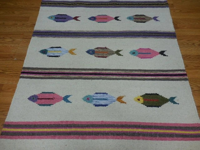 4' x 6' Ft. Fun Colorful Contemporary Fish Design Turkish Oushak Kilim Hand Knotted Wool Area Rug – BR3101