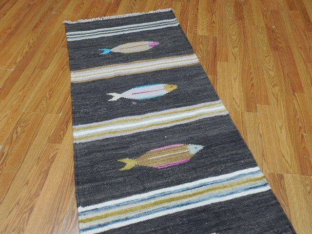 2.7' x 8' Ft. Fun Colorful Fish Design Turkish Kilim Hand Knotted Wool Rug / Runner - BR3006