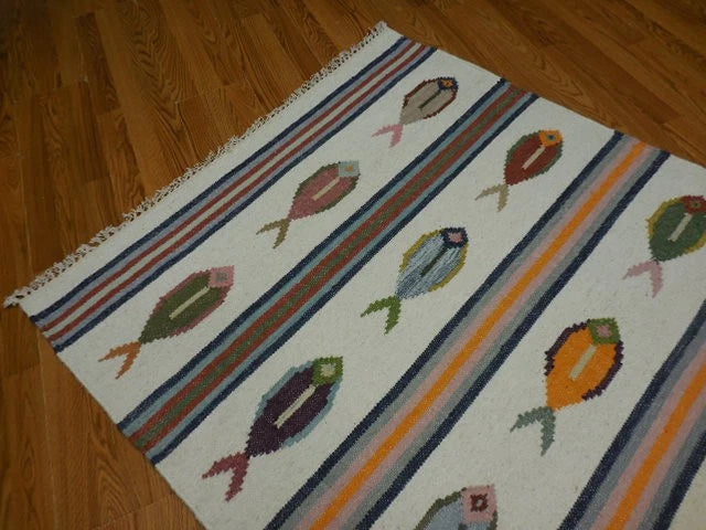 4' x 6' Ft. Fun Colorful Fish Design Turkish Oushak Kilim Hand Knotted Wool Area Rug – BR30266