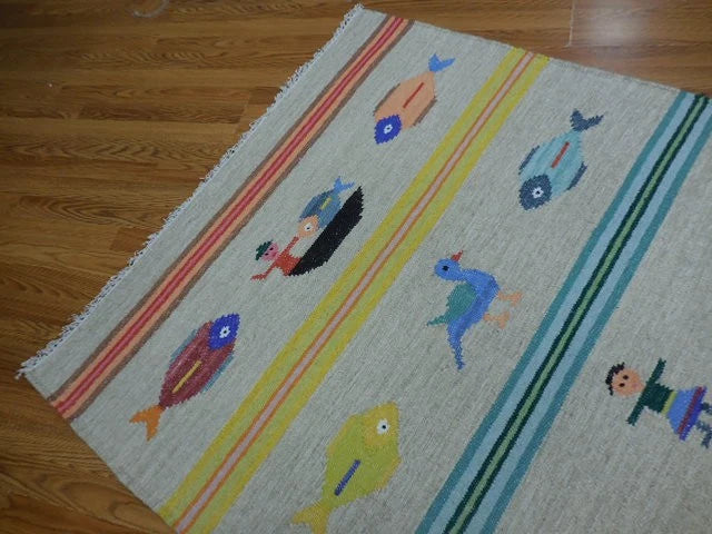 4' x 6' Ft. Fun Colorful Fish & Farm Design Turkish Oushak Kilim Hand Knotted Wool Area Rug – B3058