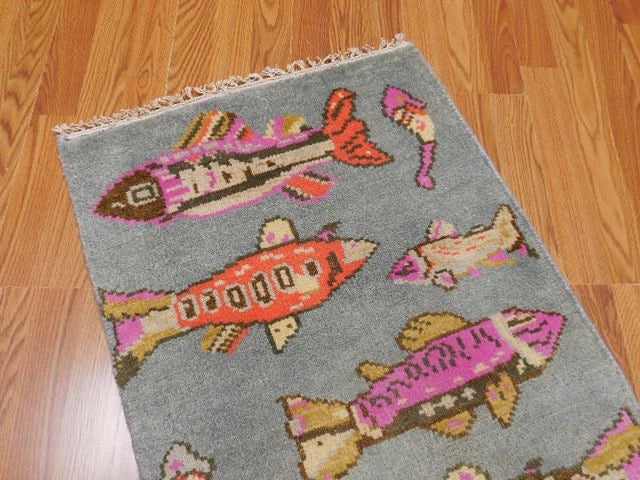 2' x 3' Ft. Fun Fish/Sea Design Turkish Oushak Bohemian Hand Knotted Wool Area Rug - BR2671
