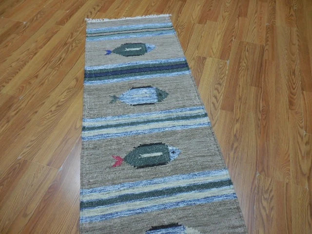 2' x 6' Ft. Fun Colorful Fish Design Turkish Hand Knotted Kilim Wool Rug / Runner - BR3024