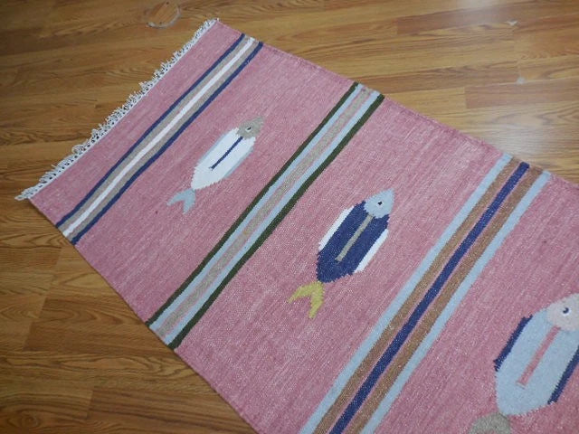 2.7' x 8' Ft. Fun Contemporary Colorful Fish Design Turkish Kilim Hand Knotted Wool Runner / Rug