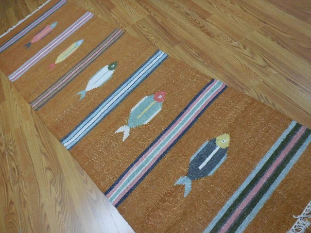 2.6' x 8' Ft. Fun Contemporary Colorful Fish Design Turkish Kilim Hand Knotted Wool Rug / Runner - BR3055