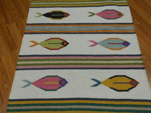 3' x 5' Ft. Fun Colorful Contemporary Fish Design Turkish Oushak Kilim Hand Knotted Wool Area Rug – BR3100