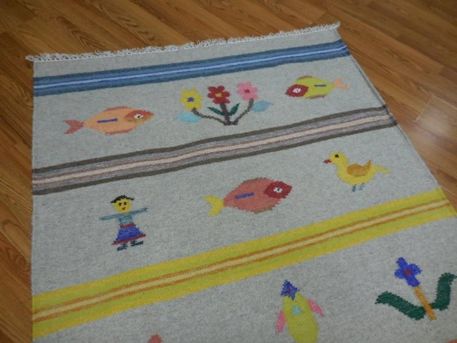4' x 6' Ft. Fun Colorful Fish / Farm Design Turkish Oushak Hand Knotted Kilim Wool Area Rug - BR3051