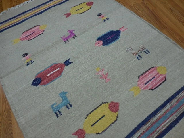 4' x 6' Ft. Fun Colorful Fish Design Turkish Oushak Hand Knotted Kilim Wool Area Rug - BR3027