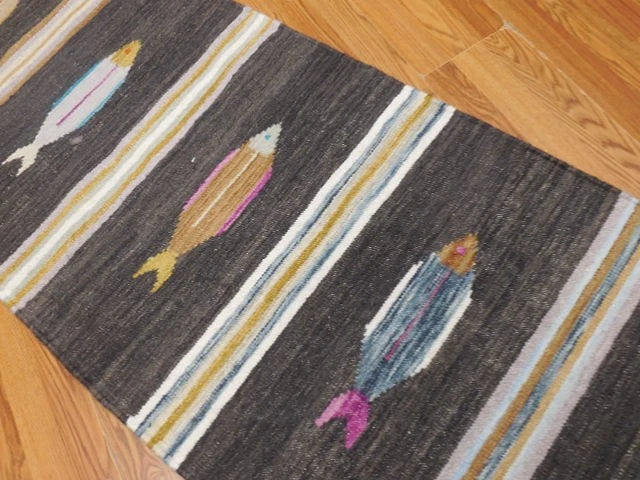 2.7' x 8' Ft. Fun Colorful Fish Design Turkish Kilim Hand Knotted Wool Rug / Runner - BR3006