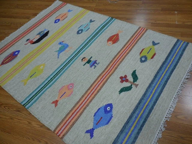 4' x 6' Ft. Fun Colorful Fish & Farm Design Turkish Oushak Kilim Hand Knotted Wool Area Rug – B3058