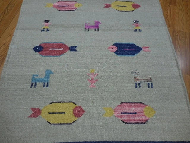 4' x 6' Ft. Fun Colorful Fish Design Turkish Oushak Hand Knotted Kilim Wool Area Rug - BR3027