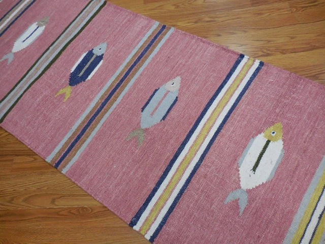 2.7' x 8' Ft. Fun Contemporary Colorful Fish Design Turkish Kilim Hand Knotted Wool Runner / Rug
