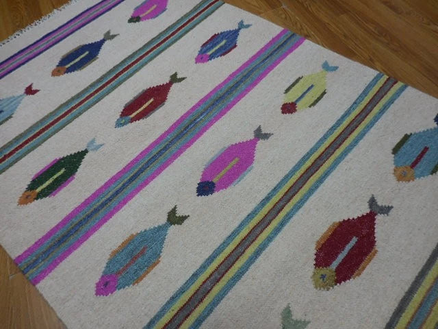 4' x 6' Ft. Fun Colorful Fish Design Turkish Oushak Kilim Hand Knotted Wool Area Rug – BR3049