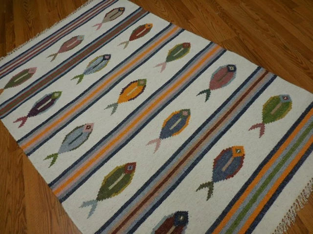 4' x 6' Ft. Fun Colorful Fish Design Turkish Oushak Kilim Hand Knotted Wool Area Rug – BR30266