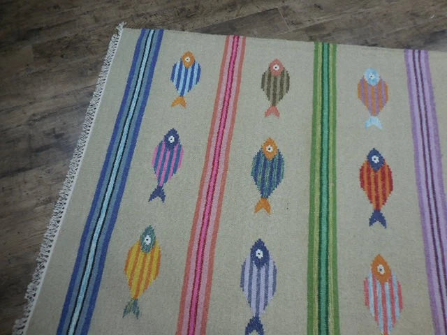 4' x 6' Ft. Fun Colorful Fish Design Turkish Oushak Kilim Hand Knotted Wool Area Rug – BR3053