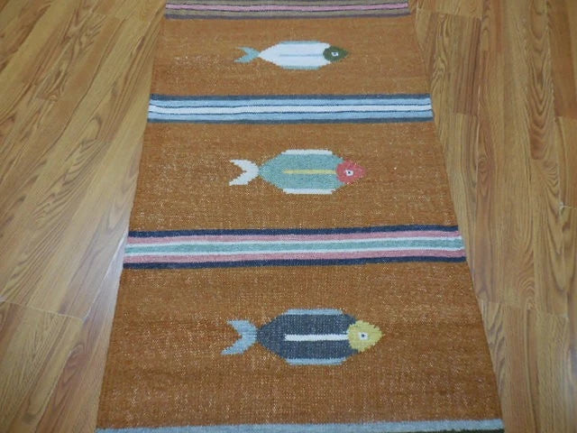 2.6' x 8' Ft. Fun Contemporary Colorful Fish Design Turkish Kilim Hand Knotted Wool Rug / Runner - BR3055