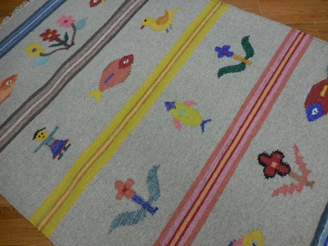 4' x 6' Ft. Fun Colorful Fish / Farm Design Turkish Oushak Hand Knotted Kilim Wool Area Rug - BR3051