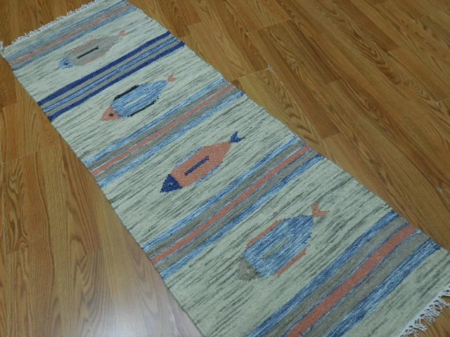 2' x 6' Ft. Fun Colorful Fish Design Turkish Kilim Hand Knotted Wool Rug / Runner - BR2659