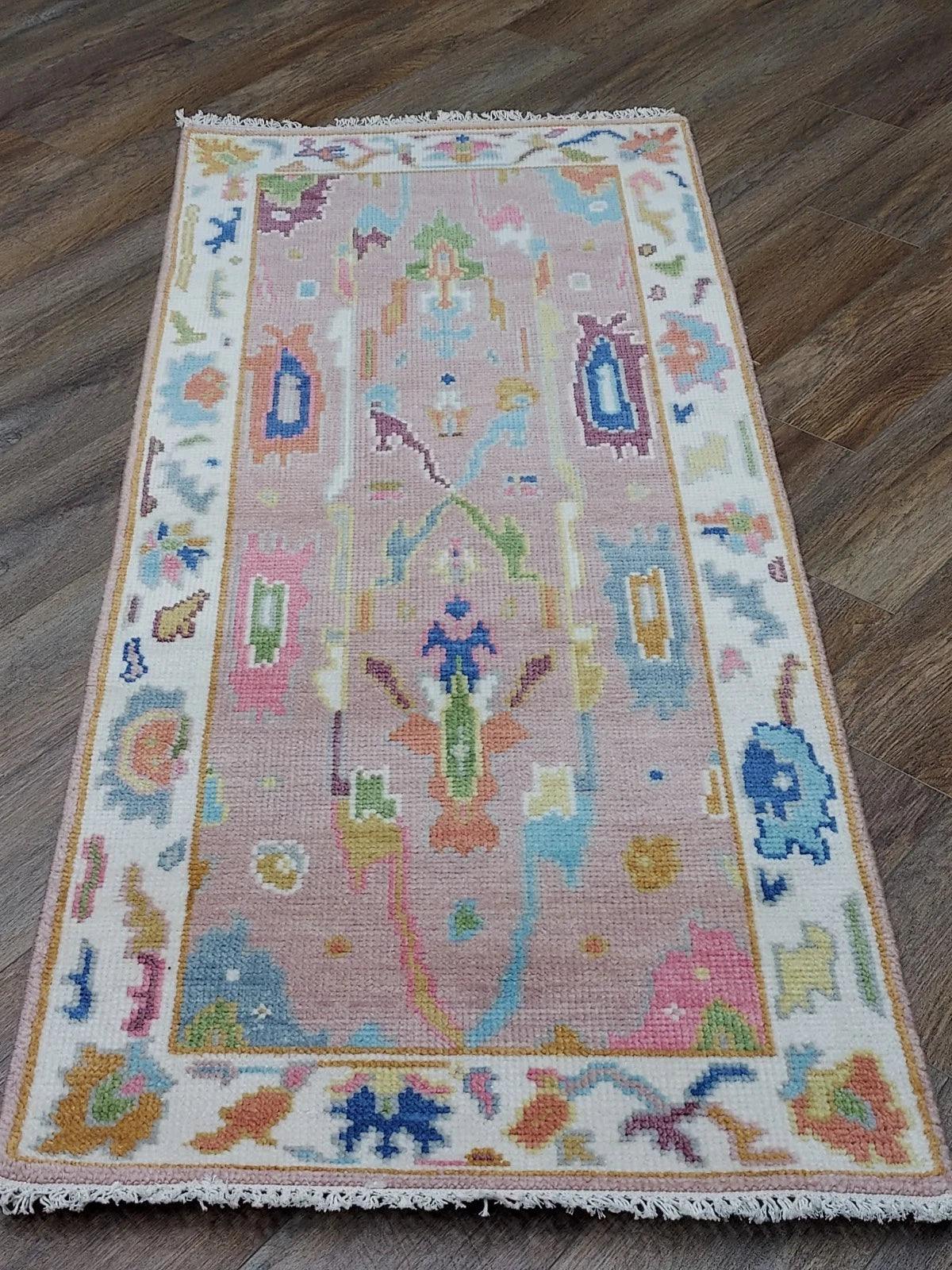 2.6' x 6' Ft. Pink Turkish Bohemian Oushak Hand Knotted Wool Runner / Rug