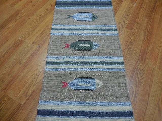 2' x 6' Ft. Fun Colorful Fish Design Turkish Hand Knotted Kilim Wool Rug / Runner - BR3024