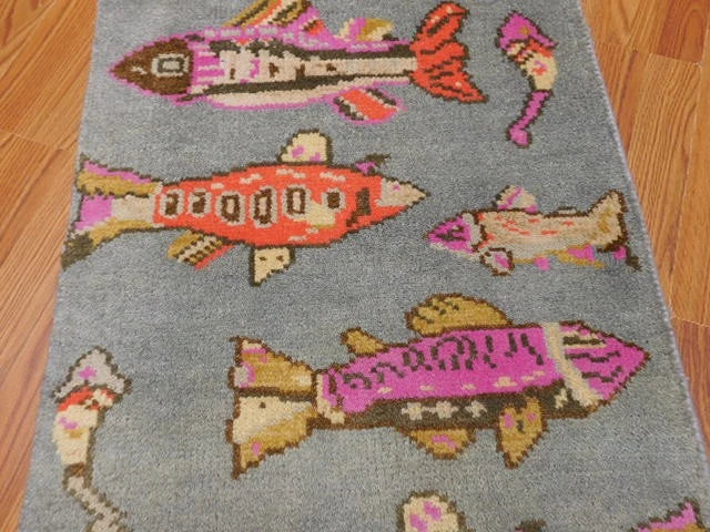 2' x 3' Ft. Fun Fish/Sea Design Turkish Oushak Bohemian Hand Knotted Wool Area Rug - BR2671