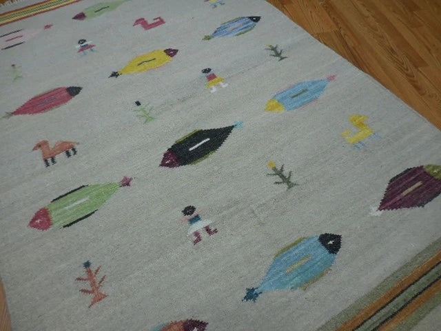 5' x 8' Ft. Fun Colorful Fish / Farm Design Turkish Oushak Hand Knotted Wool Area Rug - BR3064