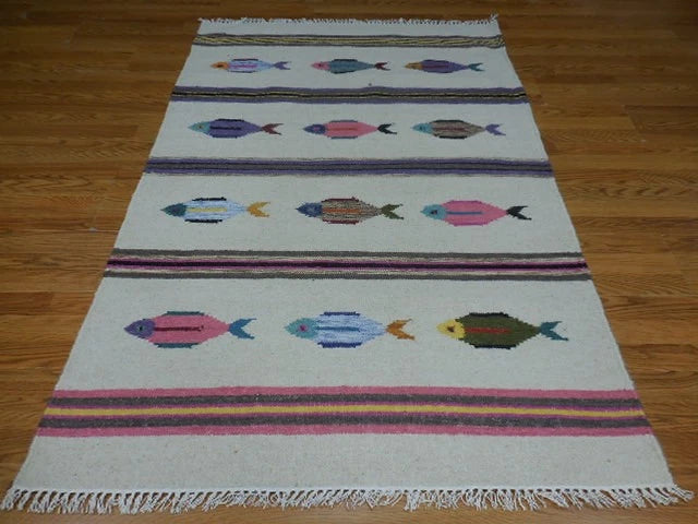 4' x 6' Ft. Fun Colorful Contemporary Fish Design Turkish Oushak Kilim Hand Knotted Wool Area Rug – BR3101