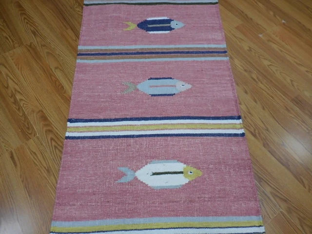2.7' x 8' Ft. Fun Contemporary Colorful Fish Design Turkish Kilim Hand Knotted Wool Runner / Rug