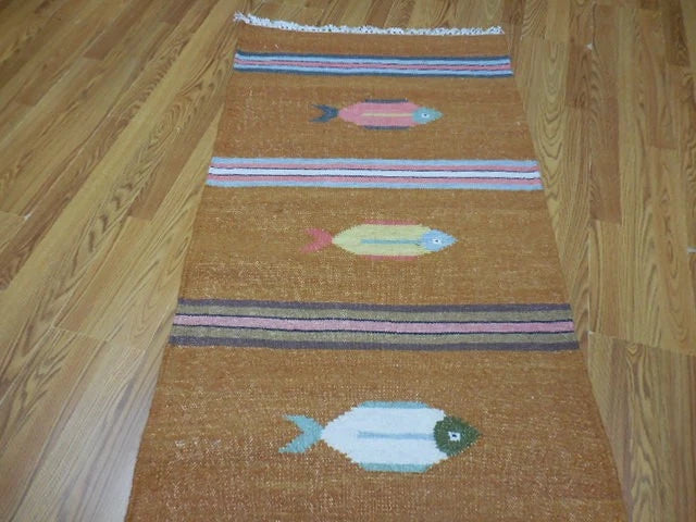 2.6' x 8' Ft. Fun Contemporary Colorful Fish Design Turkish Kilim Hand Knotted Wool Rug / Runner - BR3055