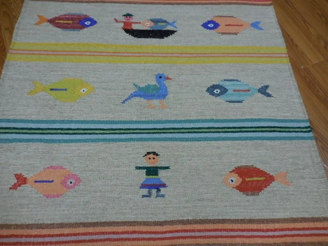 4' x 6' Ft. Fun Colorful Fish & Farm Design Turkish Oushak Kilim Hand Knotted Wool Area Rug – B3058