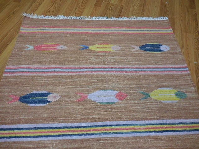 4' x 6' Ft. Fun Colorful Contemporary Fish Design Turkish Oushak Kilim Hand Knotted Wool Area Rug – BR3065