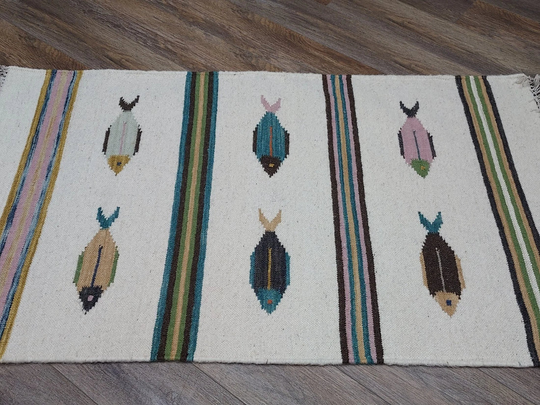 3' x 5' Ft. Fun Colorful Fish Design Turkish Oushak Kilim Hand Knotted Wool Area Rug – BR3028
