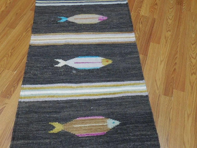 2.7' x 8' Ft. Fun Colorful Fish Design Turkish Kilim Hand Knotted Wool Rug / Runner - BR3006