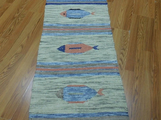 2' x 6' Ft. Fun Colorful Fish Design Turkish Kilim Hand Knotted Wool Rug / Runner - BR2659