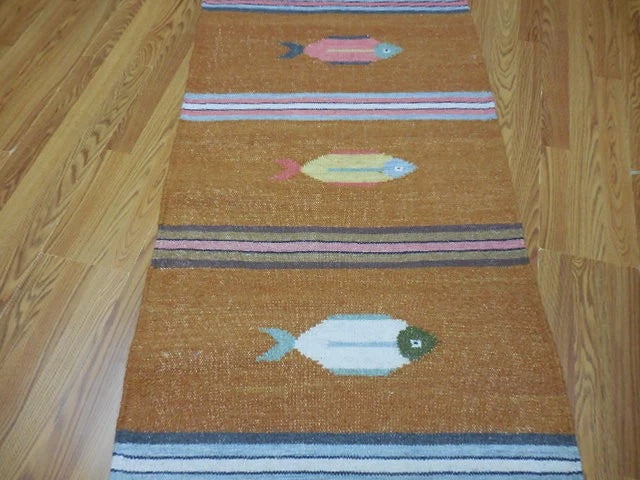 2.6' x 8' Ft. Fun Contemporary Colorful Fish Design Turkish Kilim Hand Knotted Wool Rug / Runner - BR3055