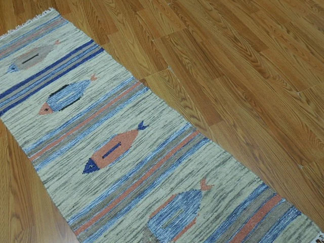 2' x 6' Ft. Fun Colorful Fish Design Turkish Kilim Hand Knotted Wool Rug / Runner - BR2659