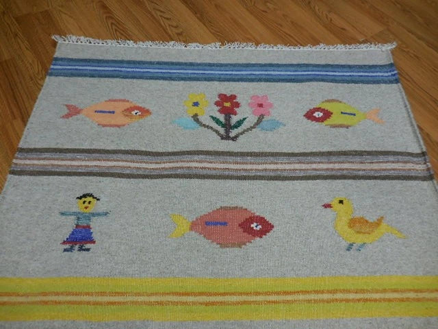 4' x 6' Ft. Fun Colorful Fish / Farm Design Turkish Oushak Hand Knotted Kilim Wool Area Rug - BR3051