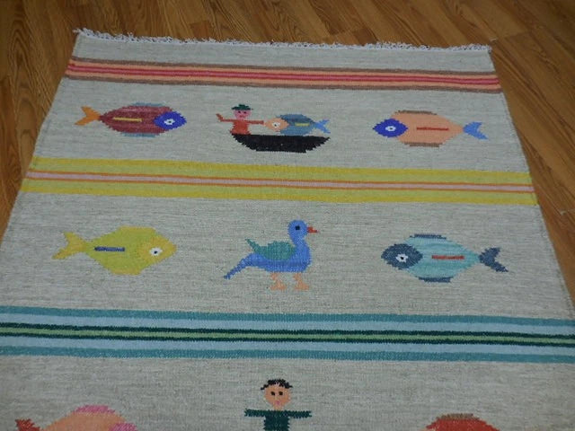 4' x 6' Ft. Fun Colorful Fish & Farm Design Turkish Oushak Kilim Hand Knotted Wool Area Rug – B3058