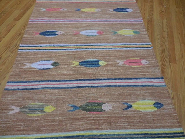4' x 6' Ft. Fun Colorful Contemporary Fish Design Turkish Oushak Kilim Hand Knotted Wool Area Rug – BR3065