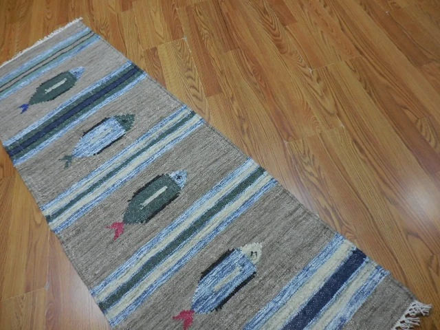 2' x 6' Ft. Fun Colorful Fish Design Turkish Hand Knotted Kilim Wool Rug / Runner - BR3024