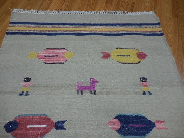 4' x 6' Ft. Fun Colorful Fish Design Turkish Oushak Hand Knotted Kilim Wool Area Rug - BR3027